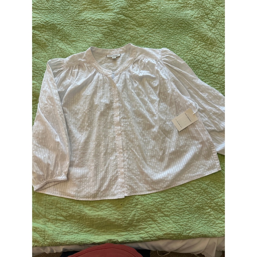 Free Assembly Womens White Dobby Stripe Balloon Sleeve Cotton Blouse Large 12-14